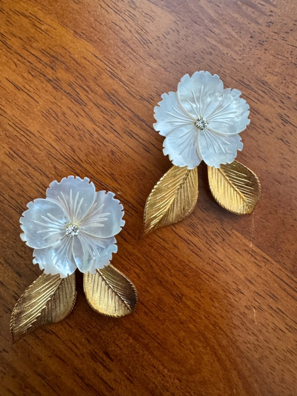 Gold Leaf & White Floral Post Earrings